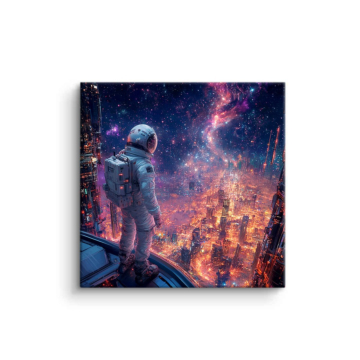 Astronaute over burning ville - tableau PVC mat