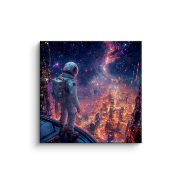 Astronauta nad płonącym miastem - obraz na płótnie