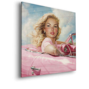 Voiture blonde rétro rose - tableau en verre acrylique