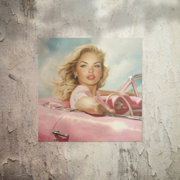 Blondynka przy różowym aucie retro - plakat