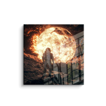Entdecker vor riesigem Mond - PVC-Bild glänzend