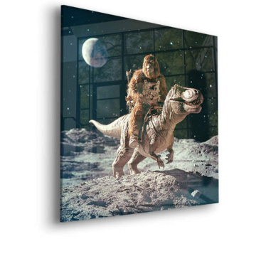 Księżycowa przejażdżka astronauty z dinozaurem - obraz na szkle akrylowym