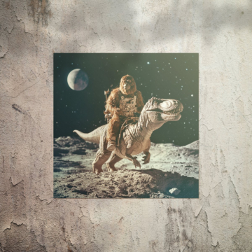 Księżycowa przejażdżka astronauty z dinozaurem - plakat
