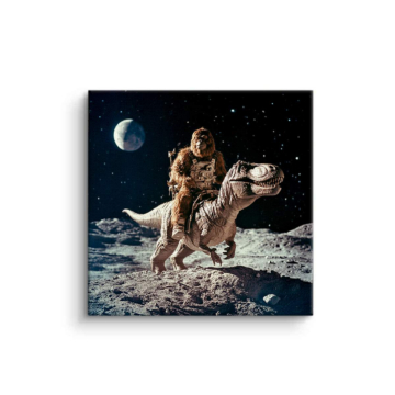 Księżycowa przejażdżka astronauty z dinozaurem - obraz na płótnie