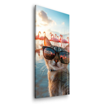 Katze mit Sonnenbrille am Flamingo-Pool - Acrylglasbild
