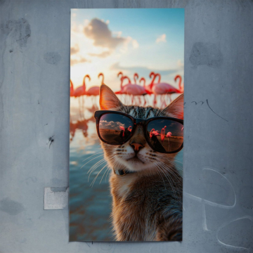 Katze mit Sonnenbrille am Flamingo-Pool - Poster