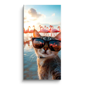 Katze mit Sonnenbrille am Flamingo-Pool - PVC-Bild matt