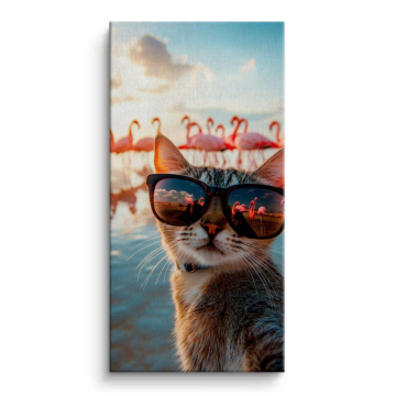 Katze mit Sonnenbrille am Flamingo-Pool - Leinwandbild