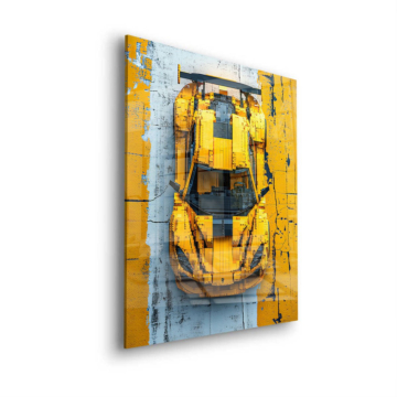 Gelber Rennwagen inspiriert von LEGO - Acrylglasbild