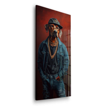 Hund im Streetwear-Look mit goldener Kette - Acrylglasbild
