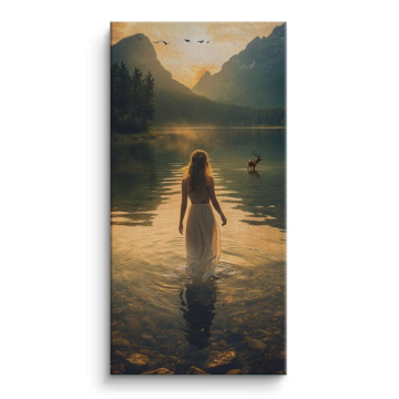 Ruhige Frau am See mit Spiegelung - Leinwandbild