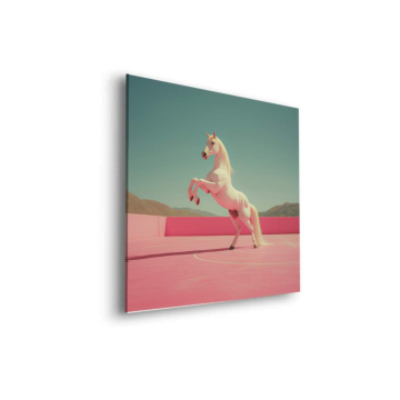 Weißes Einhorn auf pinker Plattform - Dibond-Bild matt