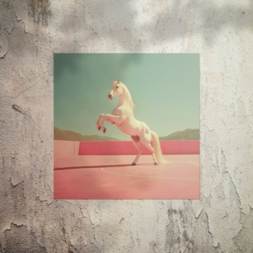 Weißes Einhorn auf pinker Plattform - Poster