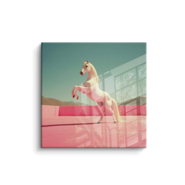 Weißes Einhorn auf pinker Plattform - PVC-Bild glänzend