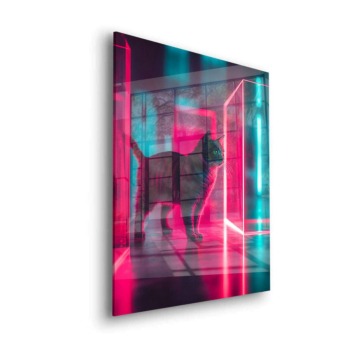 Schwarze Katze vor Neontür - Acrylglasbild
