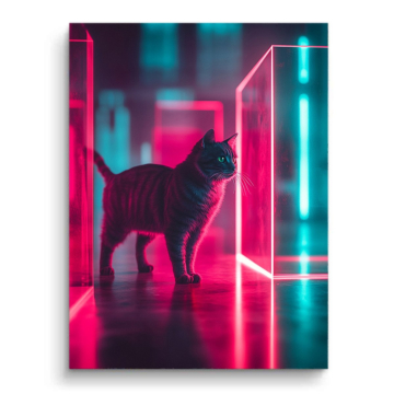 Schwarze Katze vor Neontür - PVC-Bild matt