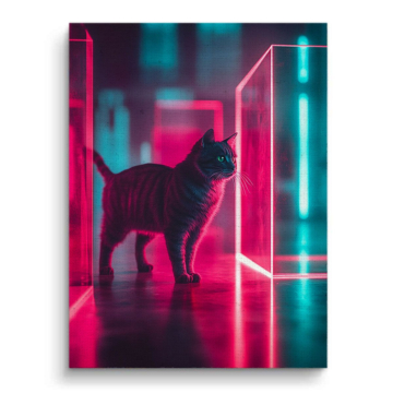 Schwarze Katze vor Neontür - Leinwandbild