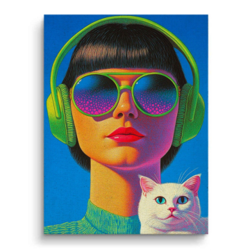Headphones Girl White Cat Canvas Art