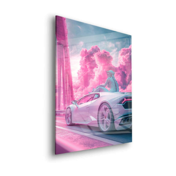 Lamborghini-Fahrt in pinker Traumlandschaft - Acrylglasbild