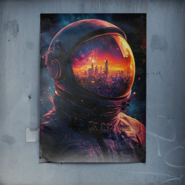 Astronauta ciudad casco - póster