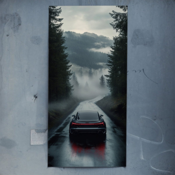 Escape por carretera brumosa inspirado en Porsche - póster