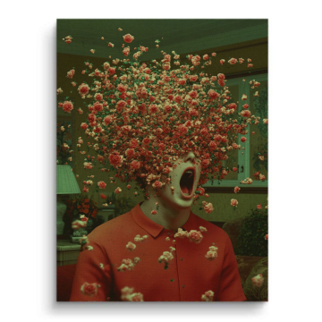 Surrealistyczny portret z kwiatami zamiast głowy - obraz na płótnie