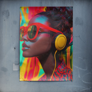 Neonowy słuchawki pop-artowy portret - plakat