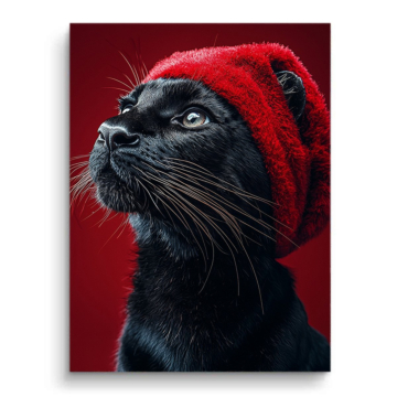 Schwarze Katze mit roter Strickmütze - PVC-Bild matt
