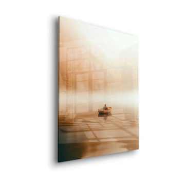 Einsames Boot auf nebligem See - Acrylglasbild