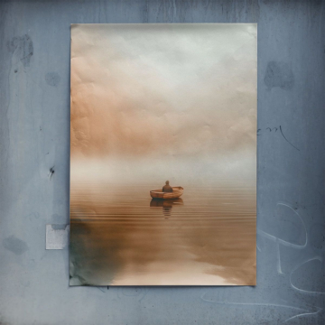 Lago solitary boat brumoso - póster