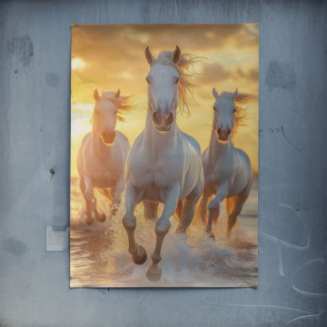 Weiße Pferde im Galopp am Ozean - Poster