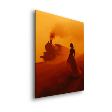 Silhouette eines orangefarbenen Dampfzugs - Dibond-Bild matt