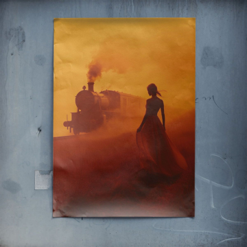 Silhouette eines orangefarbenen Dampfzugs - Poster