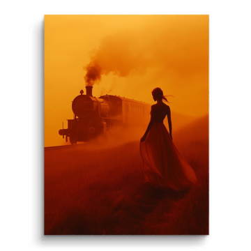 Silhouette eines orangefarbenen Dampfzugs - PVC-Bild matt