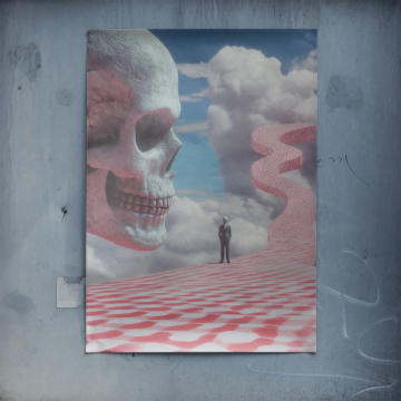 Sendero desértico surrealista con calavera - póster