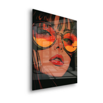Portrait glamour aux lunettes orange - tableau en verre acrylique