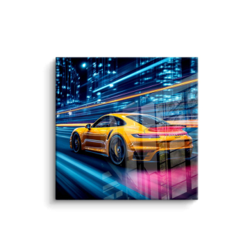 Porsche jaune au néon - tableau PVC brillant