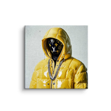 Yellow Puffer Masked Figure Canvas Art