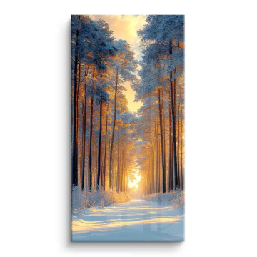Sendero de bosque invernal iluminado por el sol - cuadro PVC brillante