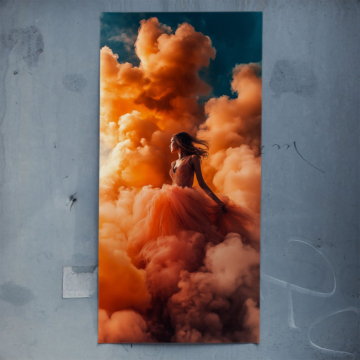 Frau in orangefarbenen Wolken - Poster