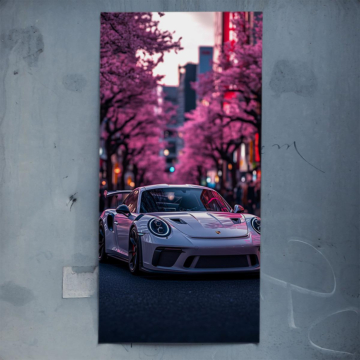 Piloto entre cerezos en flor inspirado en Porsche - póster