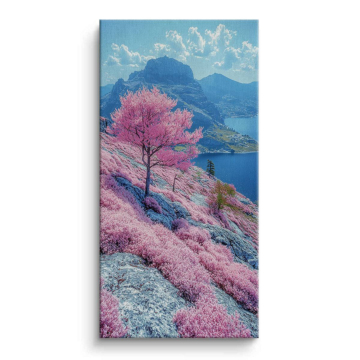 Cherry Blossom Mountain Lake Canvas Art