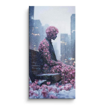 Einsame Figur unter Blumen - PVC-Bild glänzend