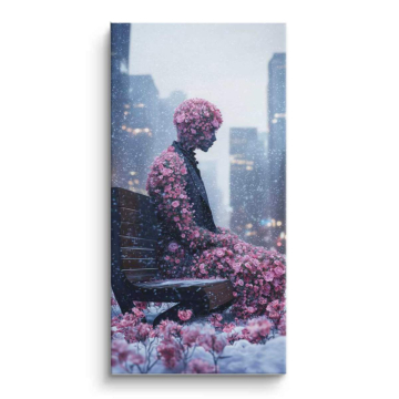 Einsame Figur unter Blumen - PVC-Bild matt