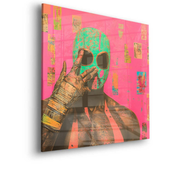 Retrato callejero rosa con máscara - cuadro en vidrio acrílico