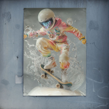 Astronauta en monopatín con salpicaduras - póster