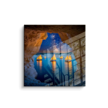 Vista de atardecer en lago de cueva - cuadro PVC brillante