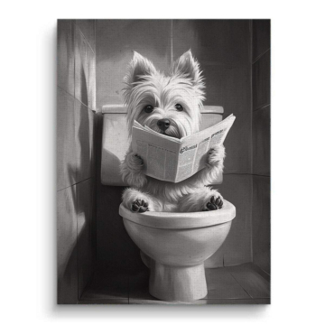Hund lesend auf Toilette - Leinwandbild