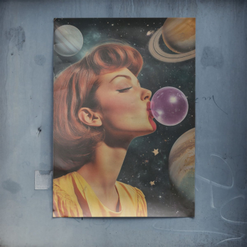 Femme rétro bubble-gum dans l’espace - poster