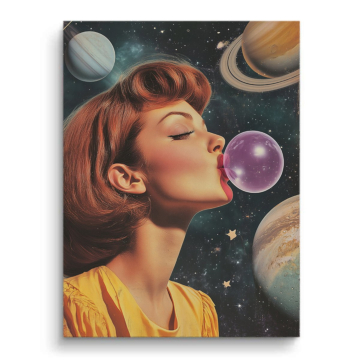 Femme rétro bubble-gum dans l’espace - tableau PVC mat